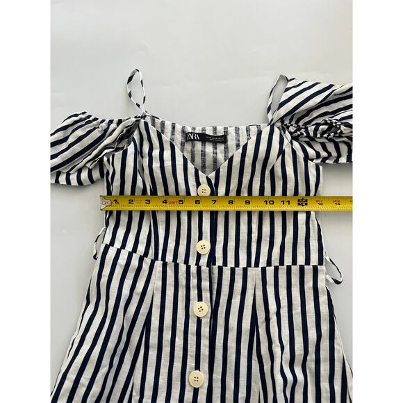 Zara Blue White Striped Cold Shoulder Button Up Linen Blend Sundress Womens XS - Picture 15 of 16